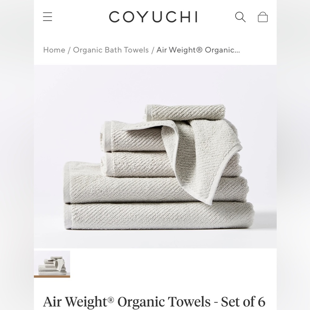 Coyuchi Air Weight towel set in Fog. Brand new in pack. 6 towels total.